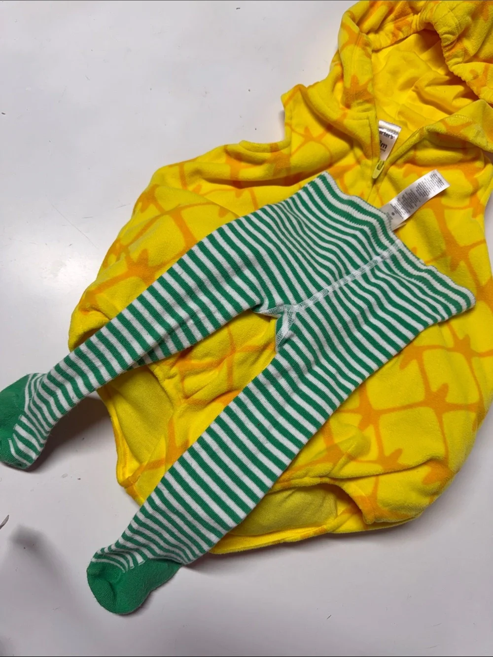 Carter’s Yellow Pineapple One-Piece Hooded Costume with green striped tights 18m